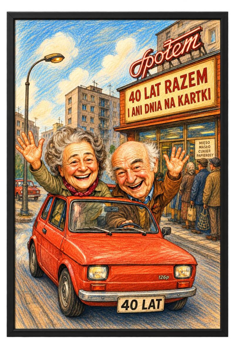 Śmieszny Plakat na 40. Rocznicę Ślubu ze Zdjęcia — Karykatura Pary w Stylu PRL | Rubinowe Gody 83089