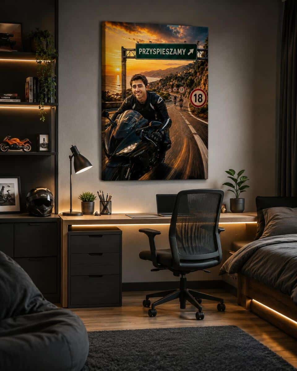 Portret z Twojego zdjęcia na 18 urodziny – Zabawny obraz motocyklisty | Prezent na osiemnastkę 83055 - zdjęcie 2
