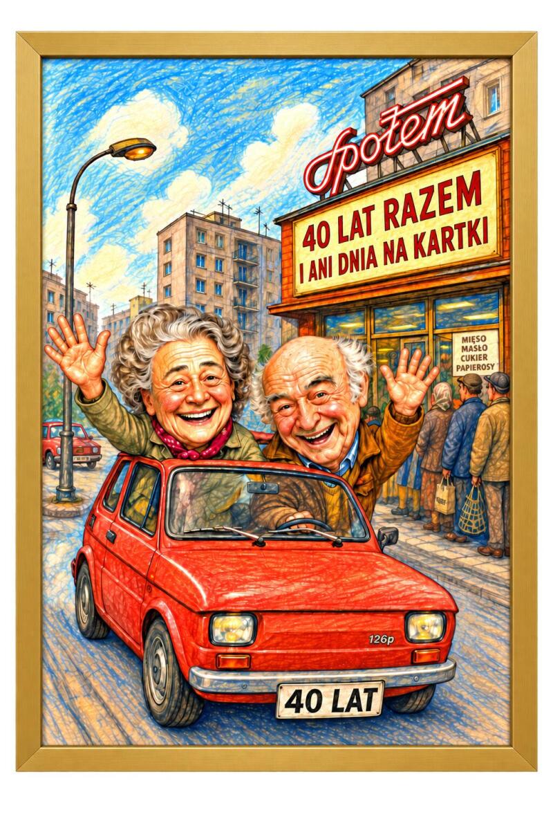 Śmieszny Plakat na 40. Rocznicę Ślubu ze Zdjęcia — Karykatura Pary w Stylu PRL | Rubinowe Gody 83089 - zdjęcie 2