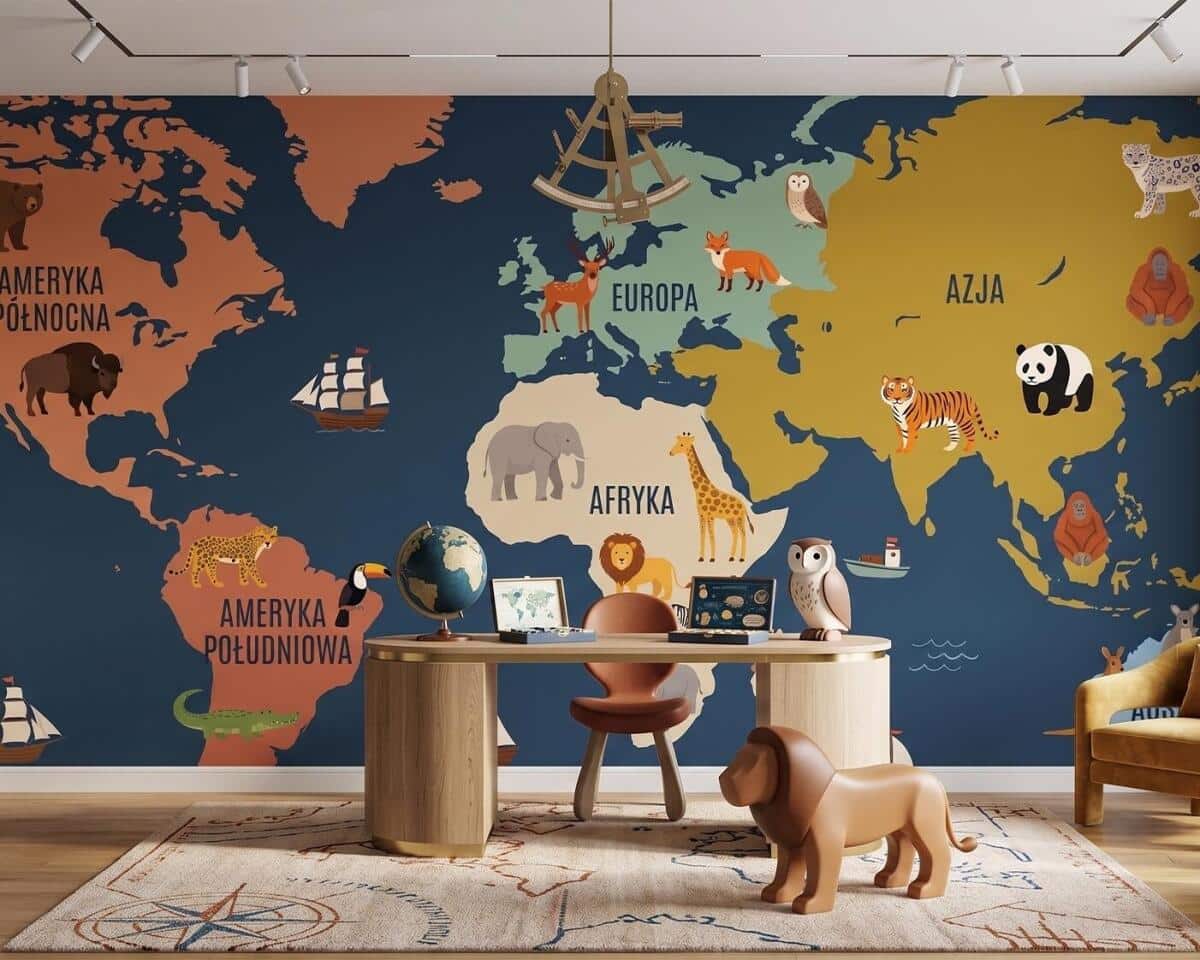 Edukacyjna Fototapeta Mapa Świata PL- Zwierzęta | Dekoracja Dziecięca 31368