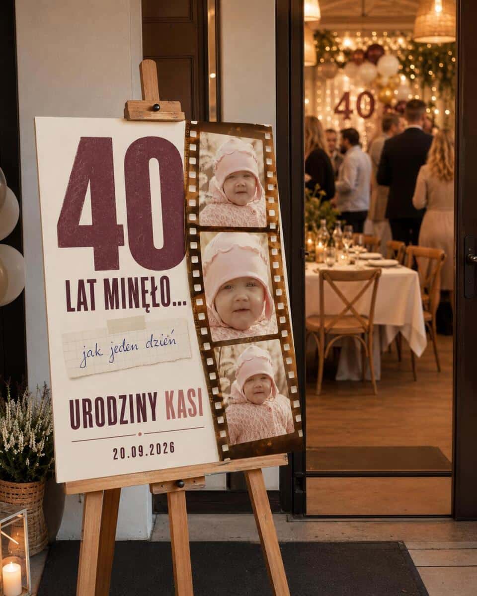 Tablica powitalna na 40 urodziny ze zdjęciem z dzieciństwa, imieniem i datą 39035 - zdjęcie 2