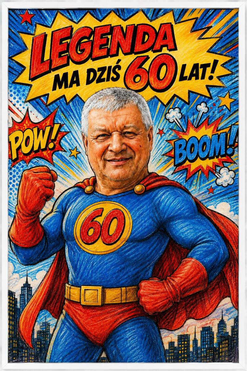 Śmieszny Plakat na 60. Urodziny ze Zdjęcia Komiksowa Karykatura Superbohatera |Prezent na Sześćdziesiątkę 83080 - zdjęcie 2