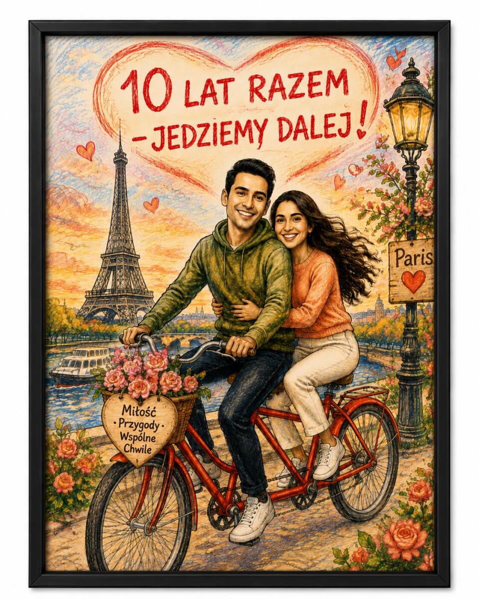 Plakat na 10. Rocznicę Ślubu ze Zdjęcia — Śmieszna Karykatura Pary w Paryżu | Cynowe Gody 83073 - zdjęcie 3