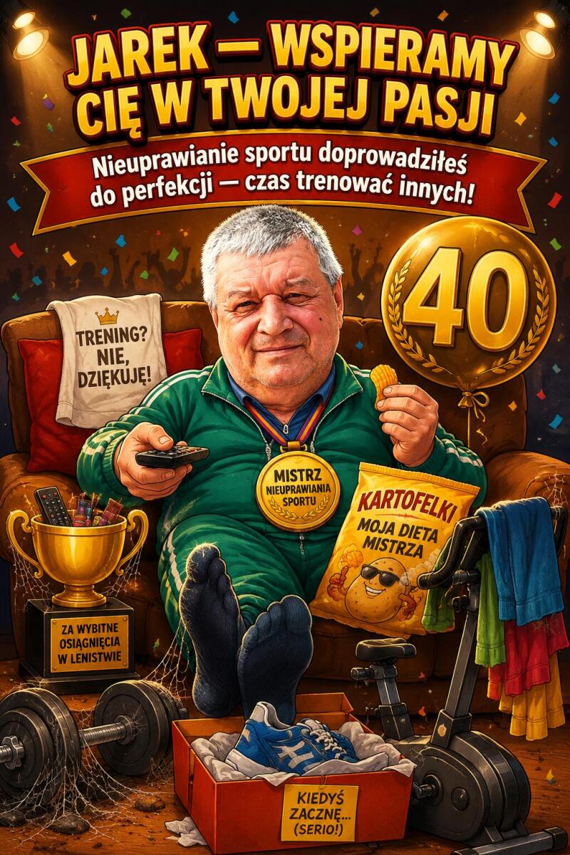 Obraz portret z Twojego zdjęcia – Śmieszna karykatura na 40 urodziny, anty-sport 83048