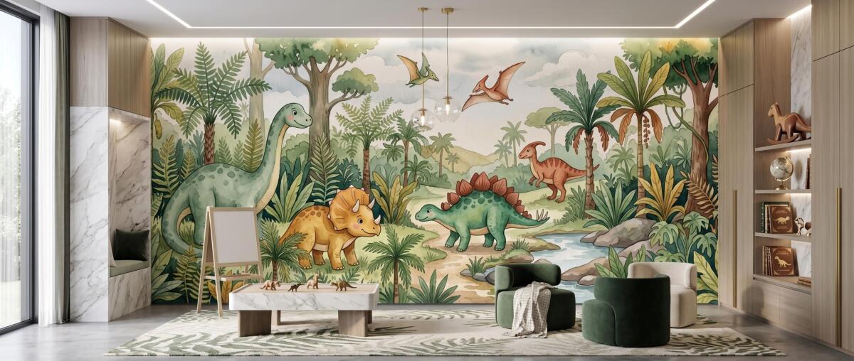 Fototapeta Dinozaury w Dżungli- Akwarela | Zielona dekoracja dla dzieci 31367 - zdjęcie 3