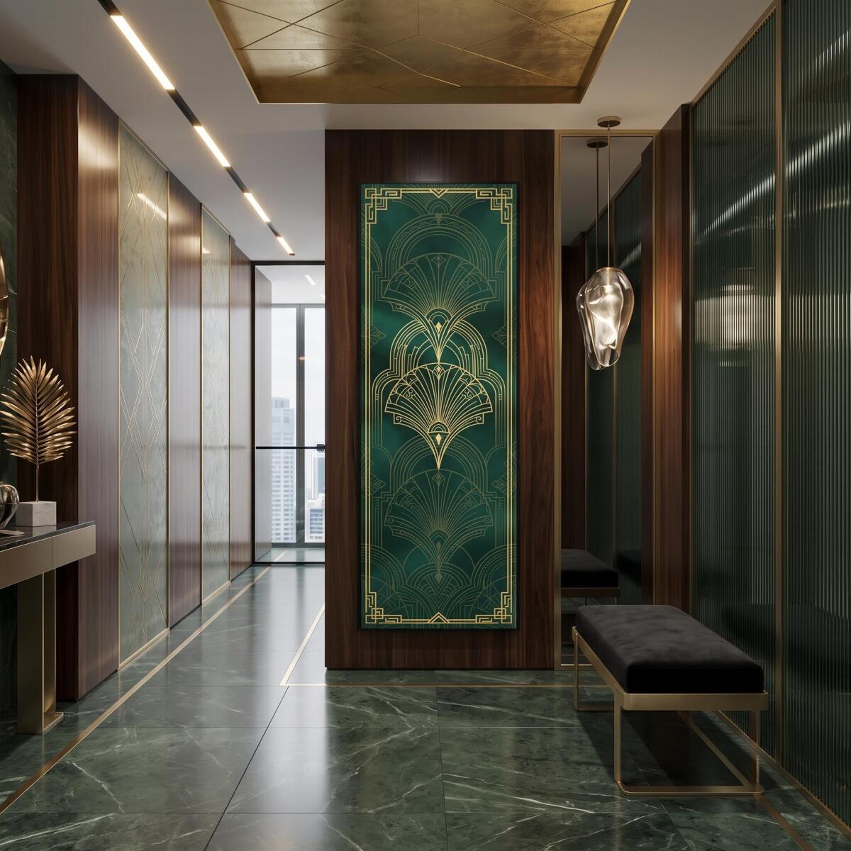 Nowoczesny Obraz Złoty Wachlarz- Butelkowa Zieleń | Panel Art Deco 31264 - zdjęcie 4