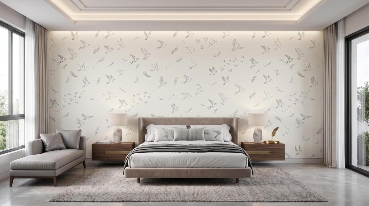 Fototapeta Ptaki w locie i pióra | Minimalistyczna dekoracja beż 31240