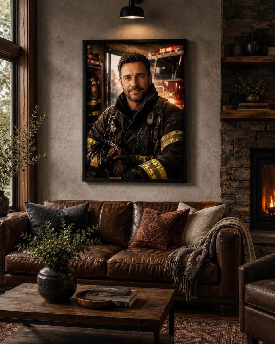 Plakat ze Zdjęcia – Portret Strażaka w Remizie Premium | Prezent na Awans, Urodziny od Rodziny lub Znajomych 31514 - zdjęcie 3