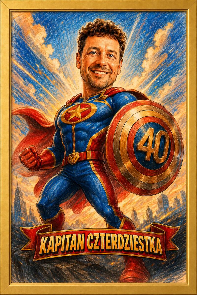 Śmieszny Plakat na 40. Urodziny ze Zdjęcia — Karykatura Superbohatera  | Prezent na Czterdziestkę 83084