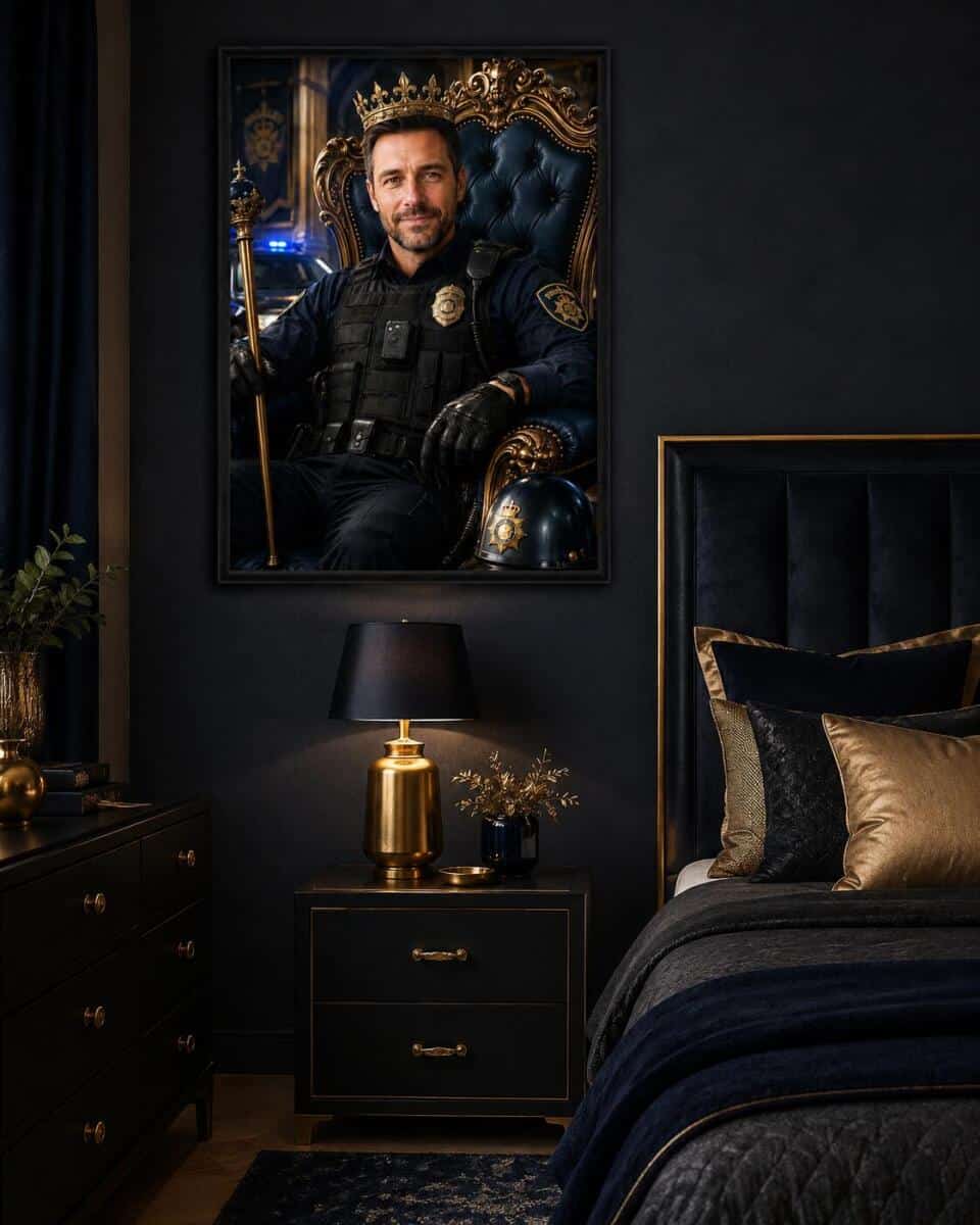 Królewski Plakat ze Zdjęcia – Portret Policjanta na Tronie | Prezent na Emeryturę lub Jubileusz 31508 - zdjęcie 3