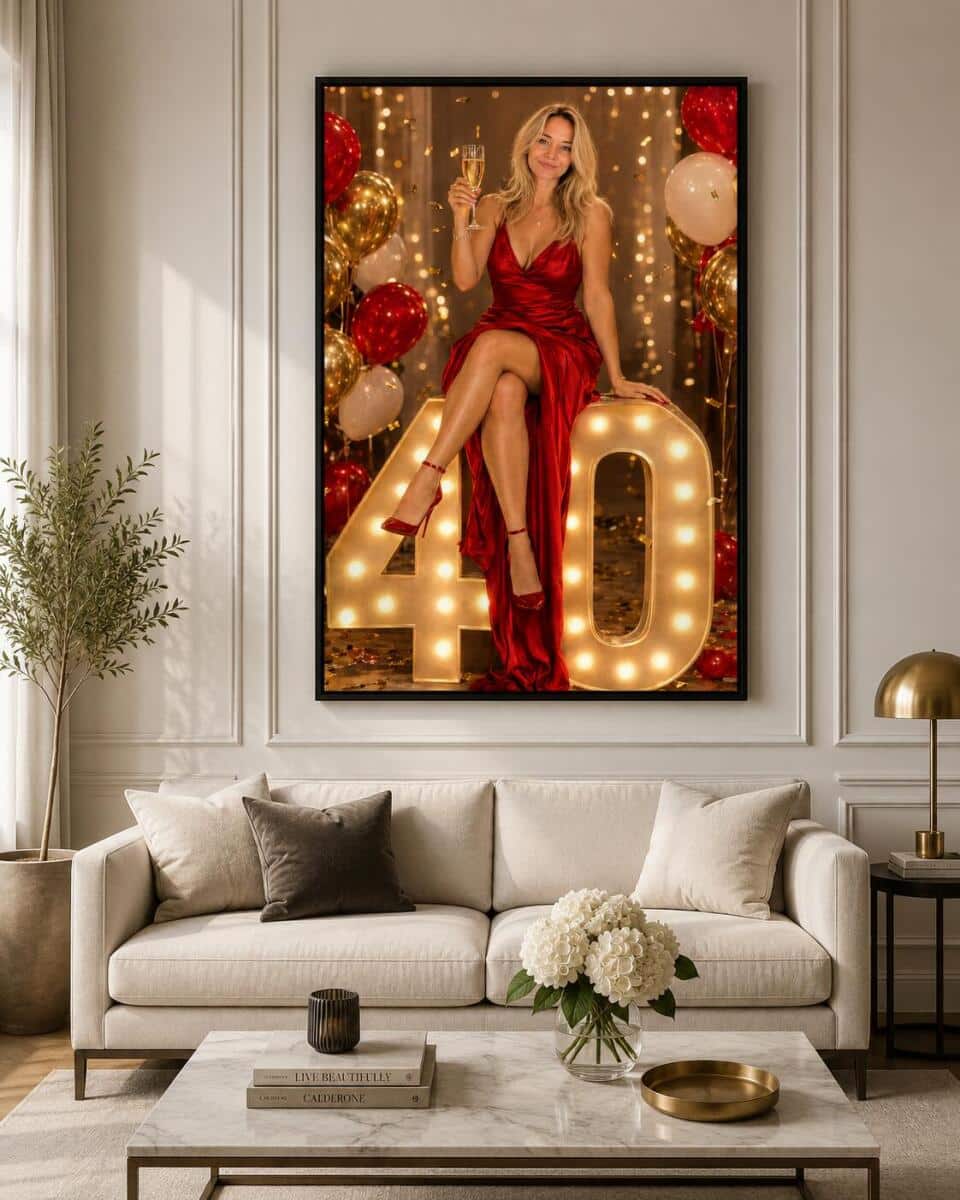 Plakat na 40. Urodziny ze Zdjęcia — Elegancka Jubilatka w Czerwieni i Złocie | Prezent na Czterdziestkę 83082 - zdjęcie 4
