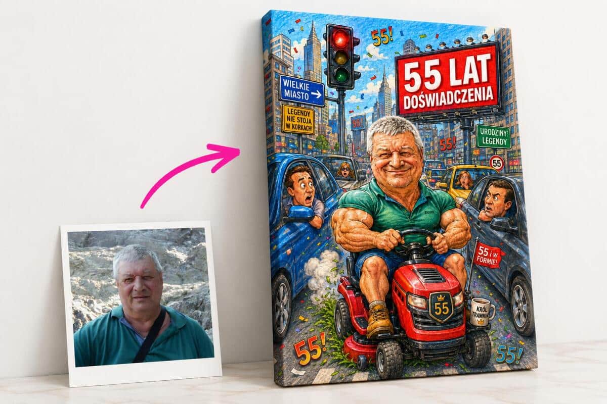 Obraz na Płótnie 55 Urodziny -Kosiarka- Prezent  Karykatura ze Zdjęcia 83113 - zdjęcie 4