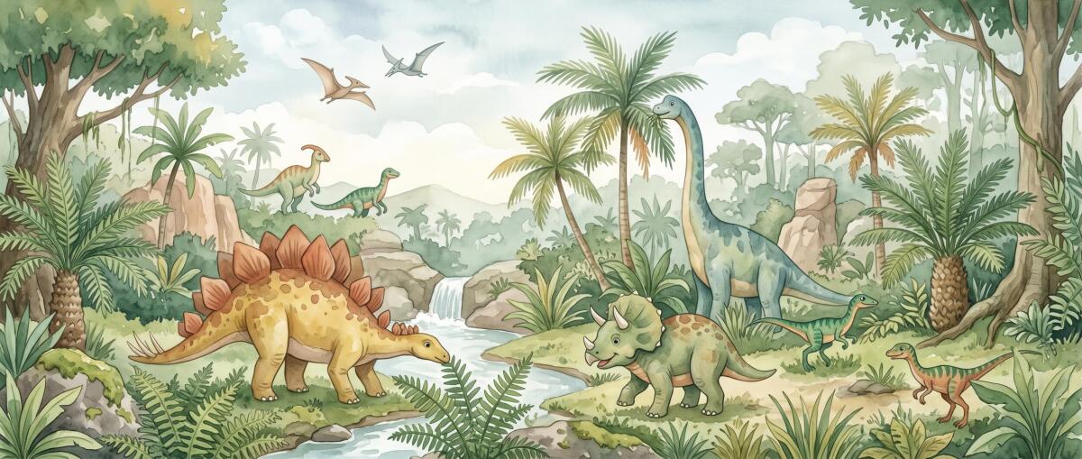 Fototapeta Dinozaury w lesie | Prehistoryczna dżungla dla dzieci 31365 - zdjęcie 4