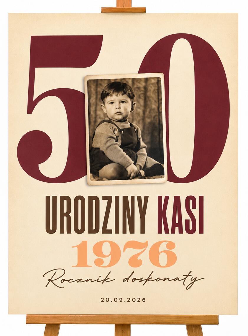 Tablica powitalna na 50 urodziny- zdjęciem z dzieciństwa, imię, data | Plakat Powitalny dla kobiety 39037