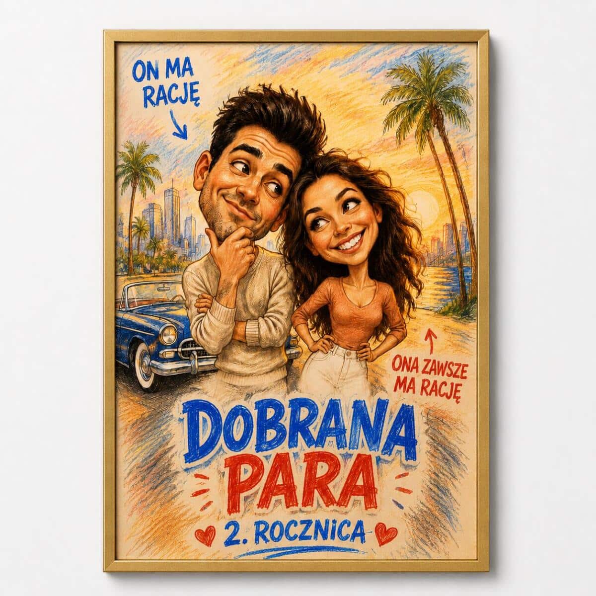 Plakat na 2. Rocznicę Ślubu ze Zdjęcia — Śmieszna Karykatura Pary | Bawełniane Gody 83072 - zdjęcie 3