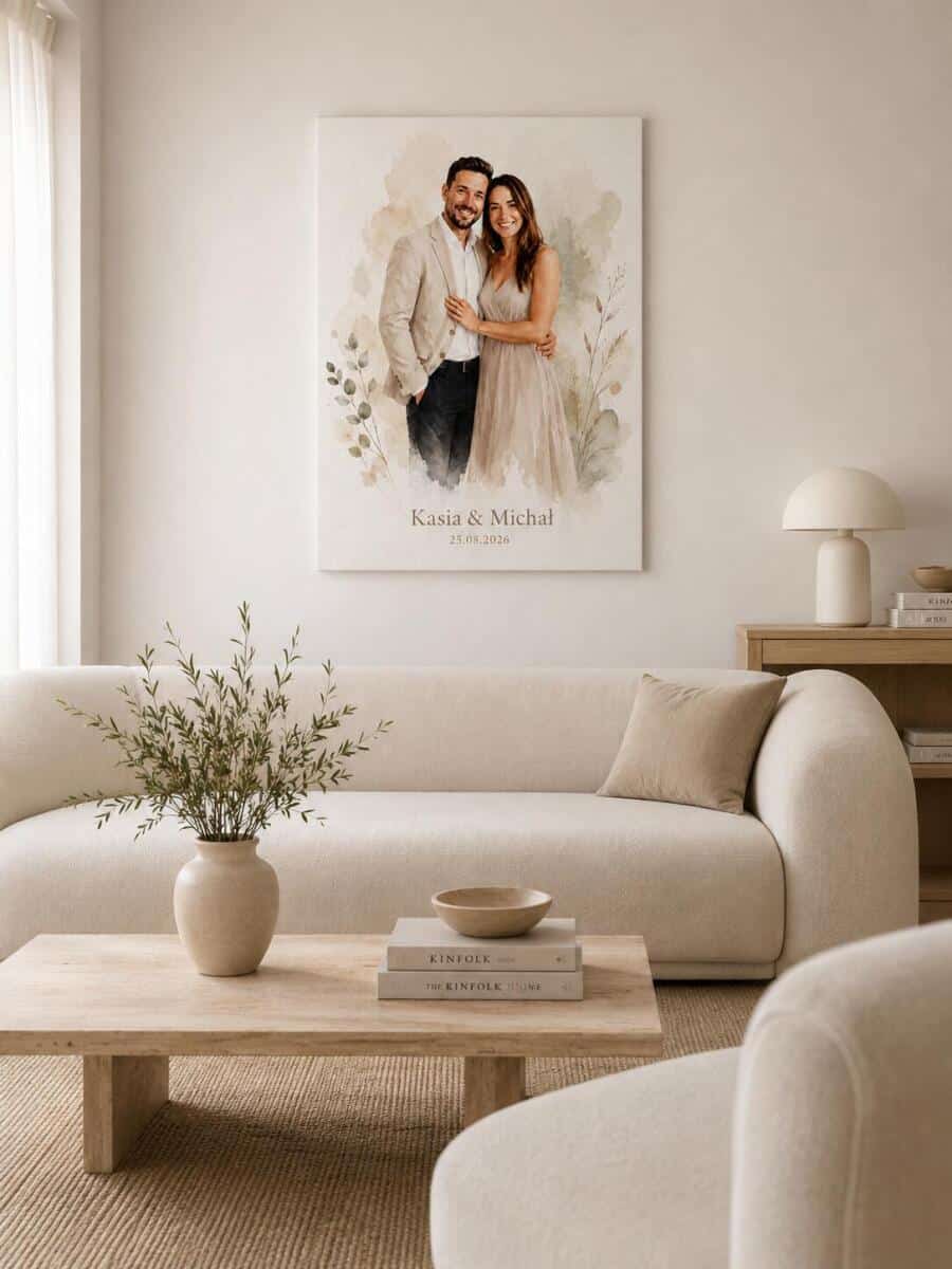 Minimalistyczny Obraz ze zdjęcia- Portret Pary w stylu akwareli | Personalizowany Prezent na ślub 39029 - zdjęcie 2