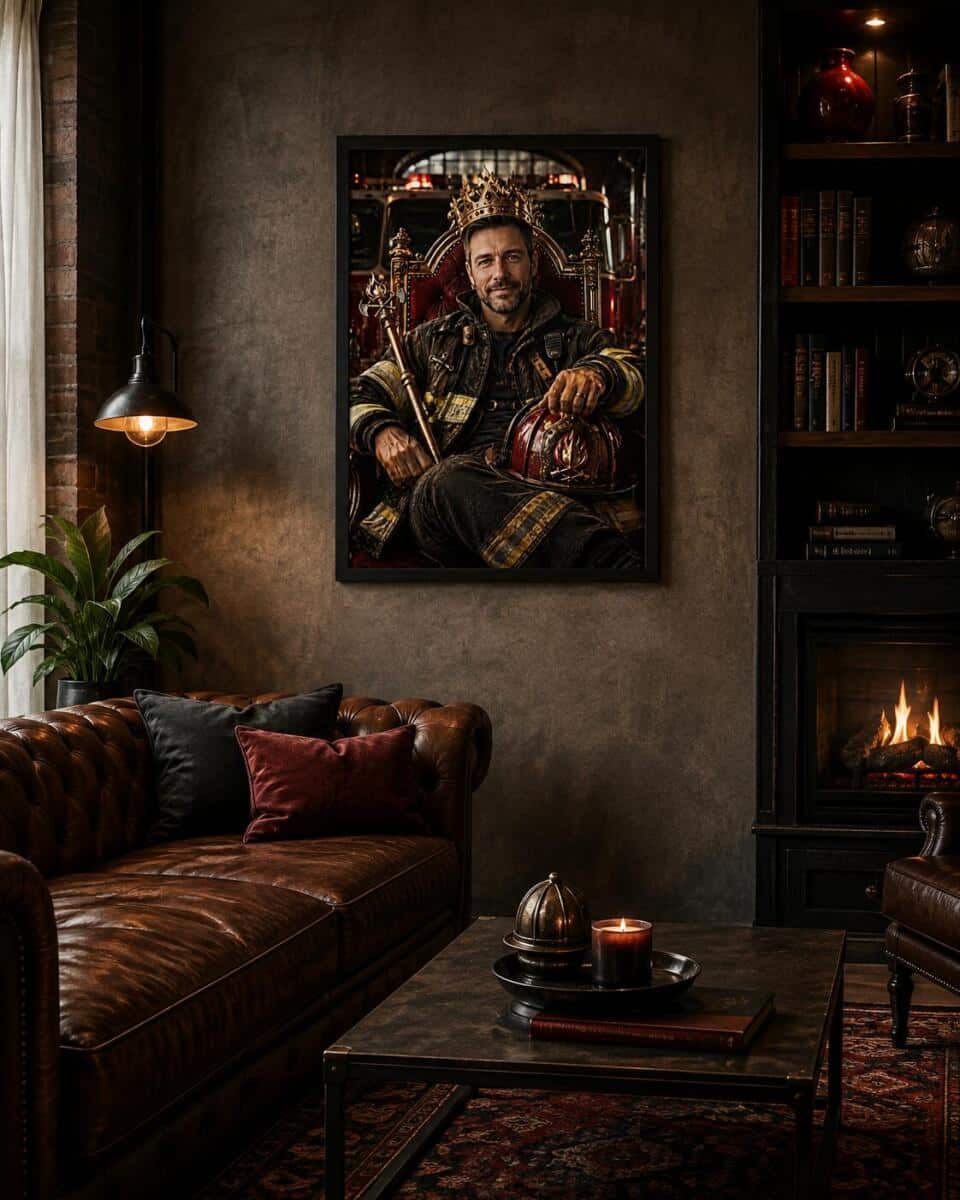 Plakat ze Zdjęcia – Królewski Portret Strażaka na Tronie | Prezent na Emeryturę, Jubileusz od Współpracowników lub Najbliższych 31512 - zdjęcie 3