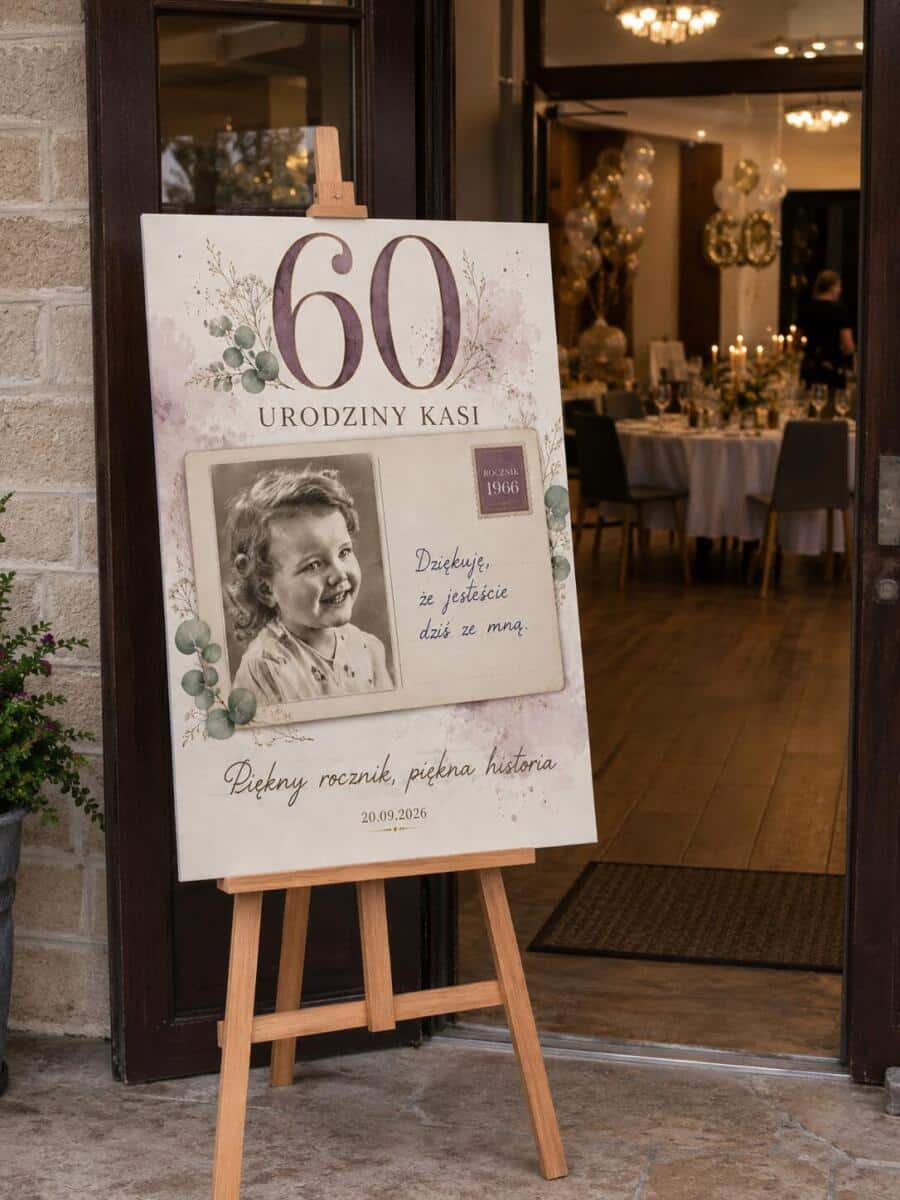 Tablica powitalna na 60 urodziny ze zdjęciem z dzieciństwa | Plakat na sześćdziesiątkę dla kobiety 39039 - zdjęcie 2