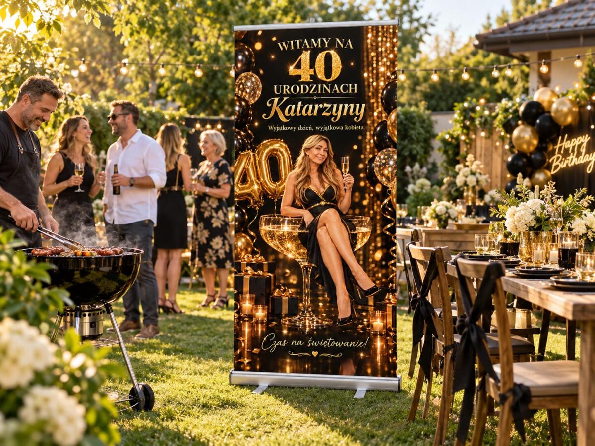 Tablica powitalna na 40 urodziny ze zdjęciem Gotowa Ścianka na czterdziestkę Roll-up 100×200 cm 39064 - zdjęcie 4