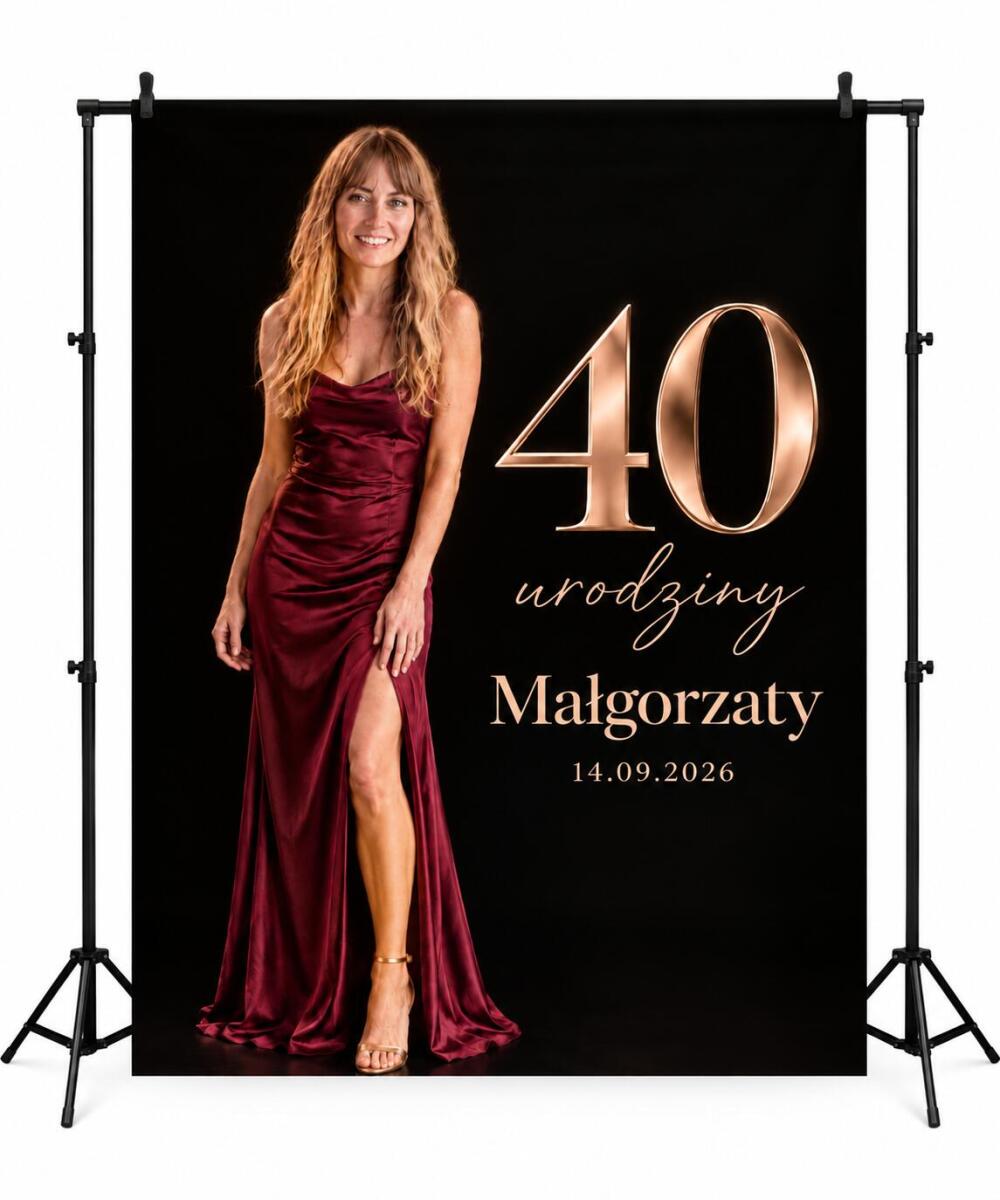 Ścianka do zdjęć na 40 urodziny kobiety 150x200 cm – czarna z różowym złotem Glamour 39058