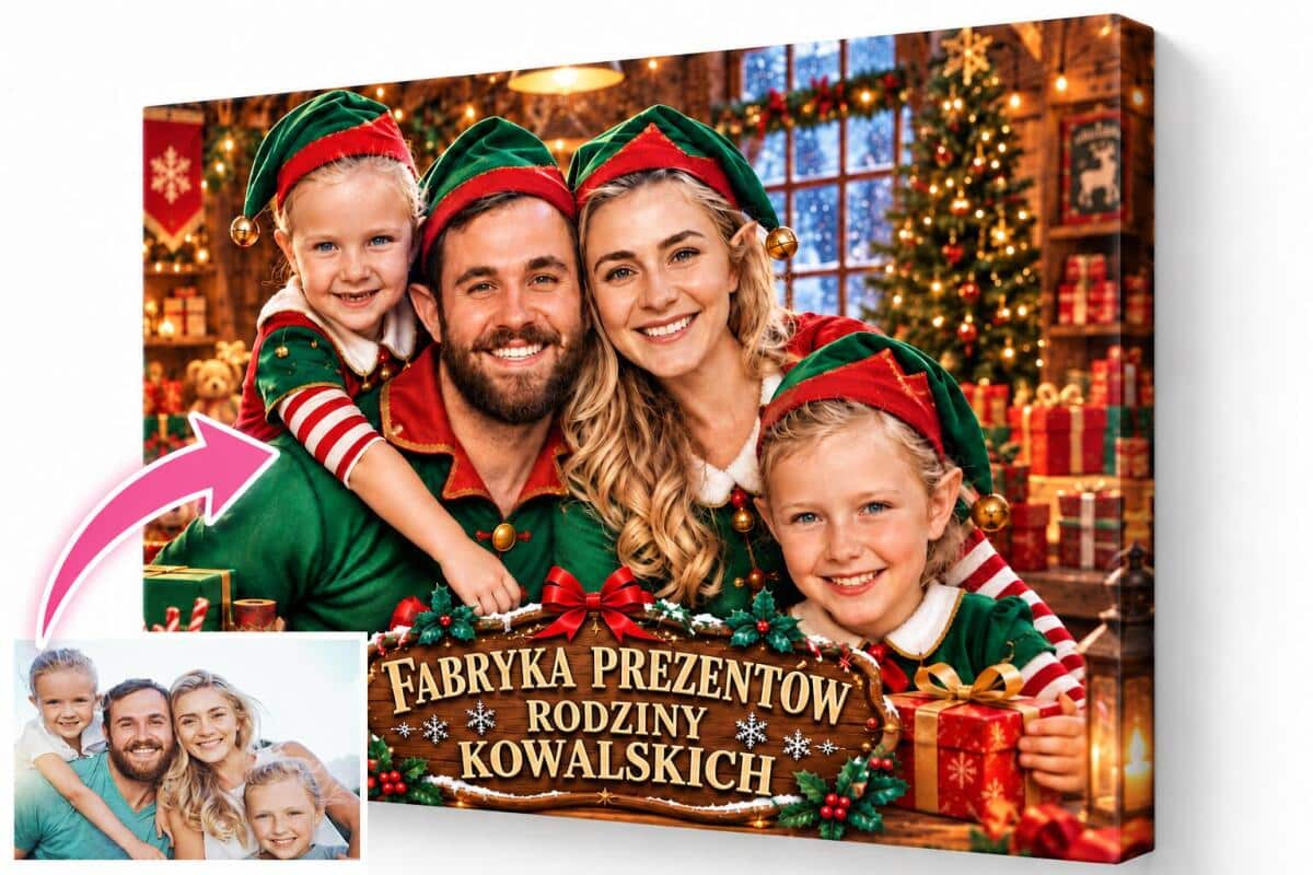 Prezent na Mikołajki dla Rodziny – Świąteczny Portret ze Zdjęcia Rodzina Elfów | Obraz na płótnie 82545 - zdjęcie 2