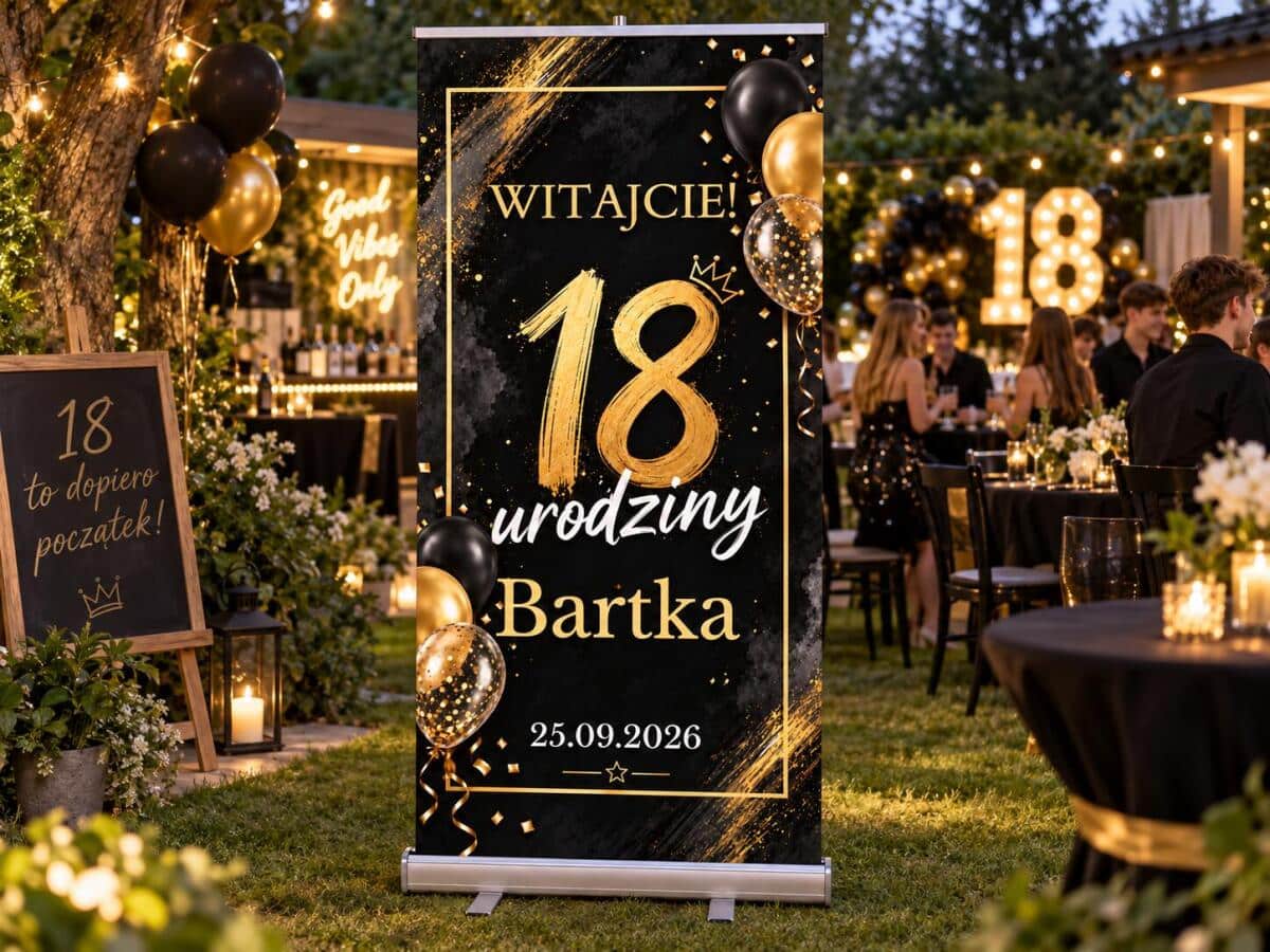 Tablica powitalna na 18 urodziny z imieniem i datą Ścianka na osiemnastkę Duży Roll-up 100×200 cm 39062 - zdjęcie 3