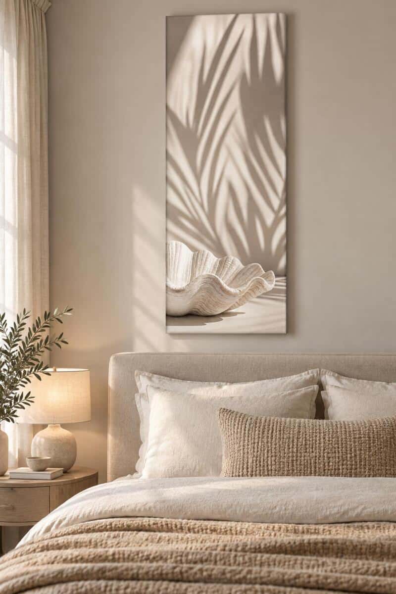 Obraz na płótnie z muszlą i liśćmi | Beżowa Dekoracja do sypialni w stylu coastal i modern organic 96018 - zdjęcie 6