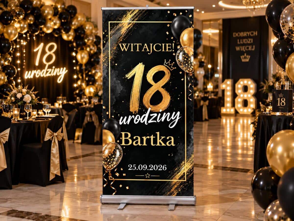 Tablica powitalna na 18 urodziny z imieniem i datą Ścianka na osiemnastkę Duży Roll-up 100×200 cm 39062 - zdjęcie 2