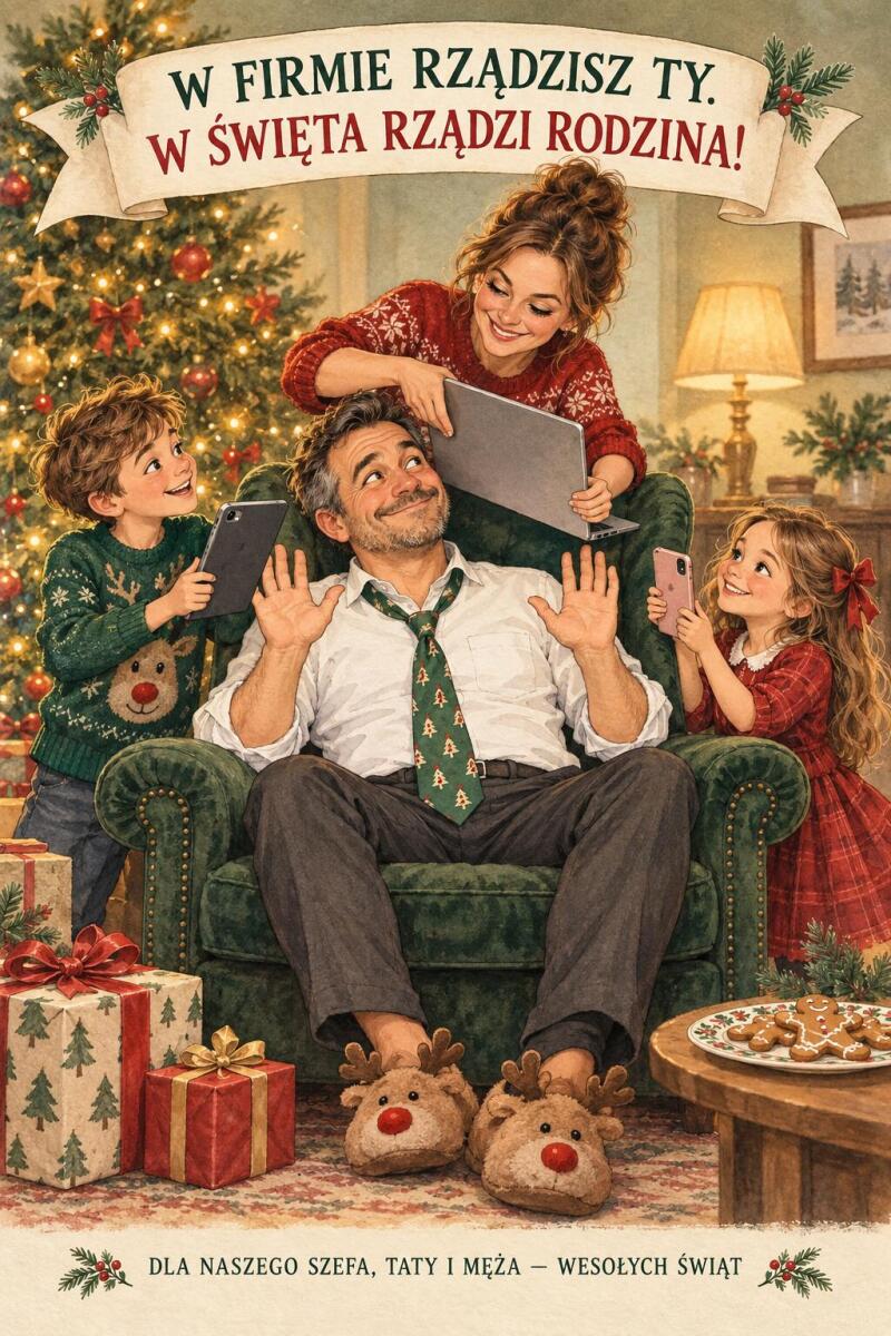 Prezent świąteczny dla szefa od rodziny | Obraz na płótnie- karykatura ze zdjęcia w święta rządzi rodzina 83122 - zdjęcie 4