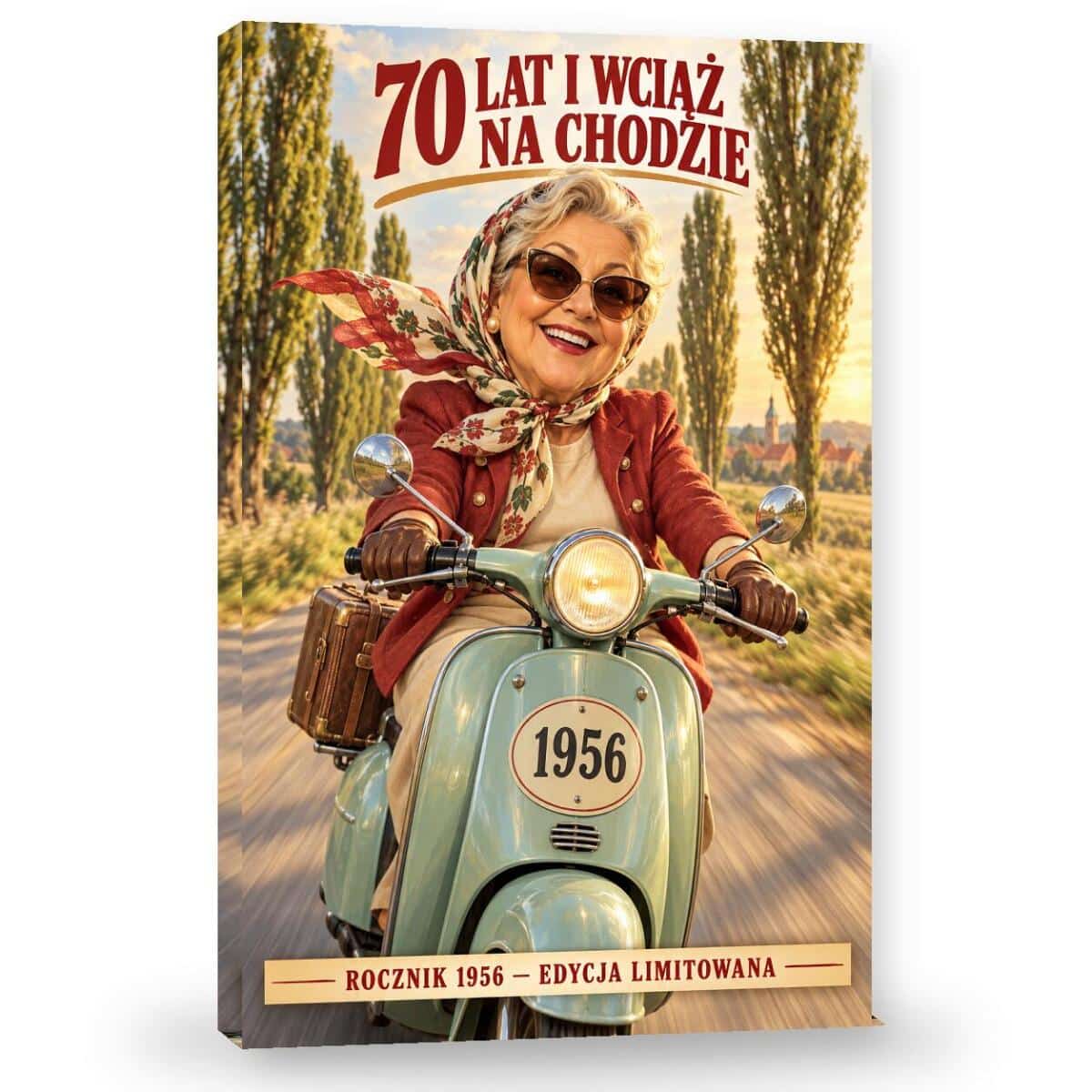 Prezent na 70 Urodziny dla Kobiety – Obraz na Płótnie ze Zdjęcia „70 Lat i Wciąż na Chodzie” | Jubilatka na Skuterze Retro 83127 - zdjęcie 4