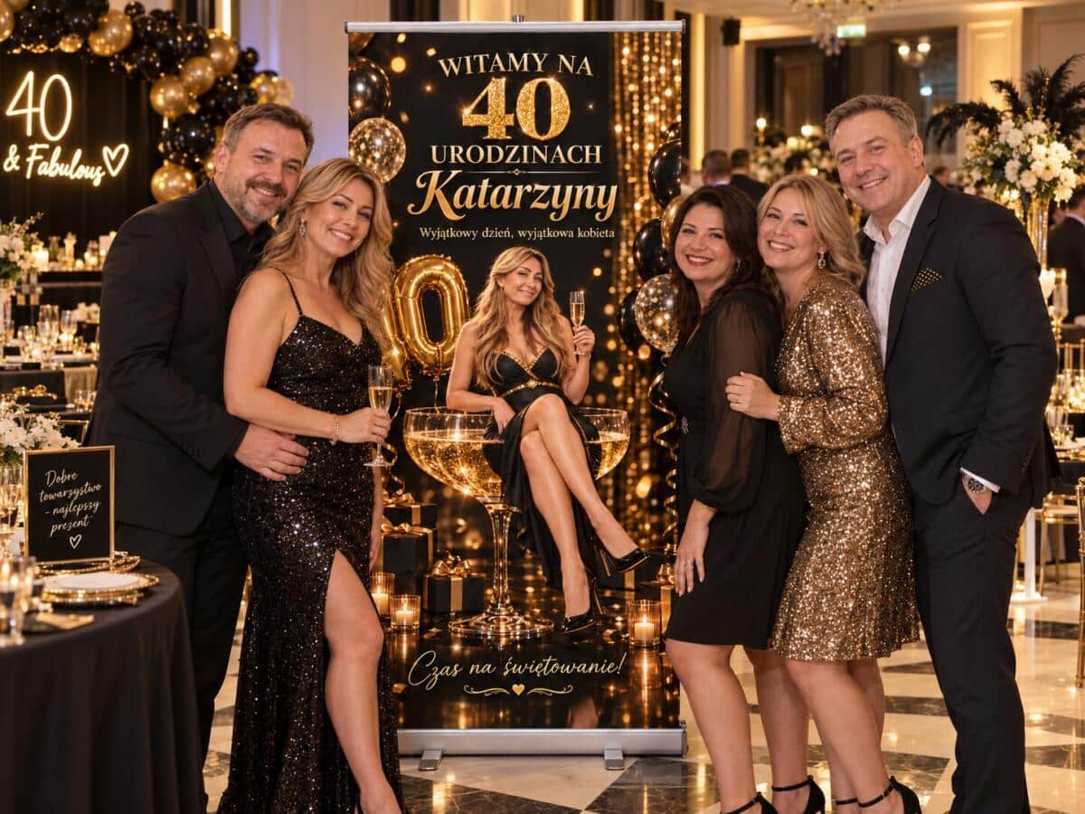 Tablica powitalna na 40 urodziny ze zdjęciem Gotowa Ścianka na czterdziestkę Roll-up 100×200 cm 39064 - zdjęcie 3
