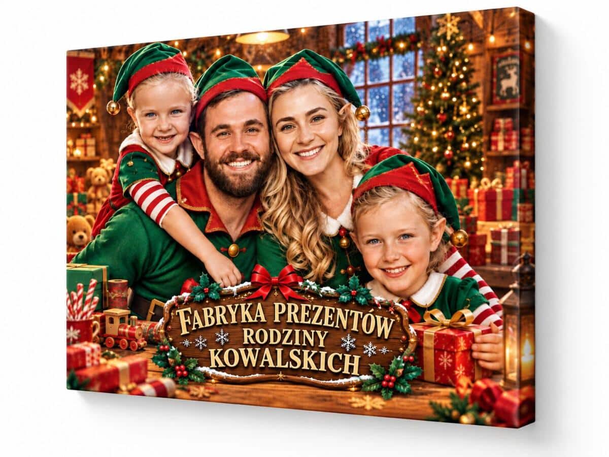 Prezent na Mikołajki dla Rodziny – Świąteczny Portret ze Zdjęcia Rodzina Elfów | Obraz na płótnie 82545