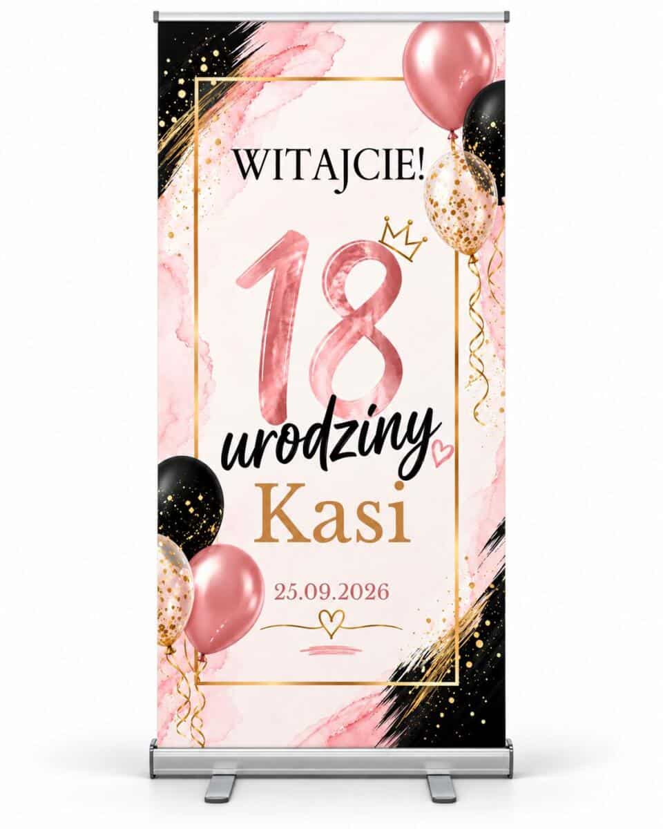 Tablica powitalna na 18 urodziny Gotowa Ścianka na osiemnastkę Roll-up 100×200 cm 39063