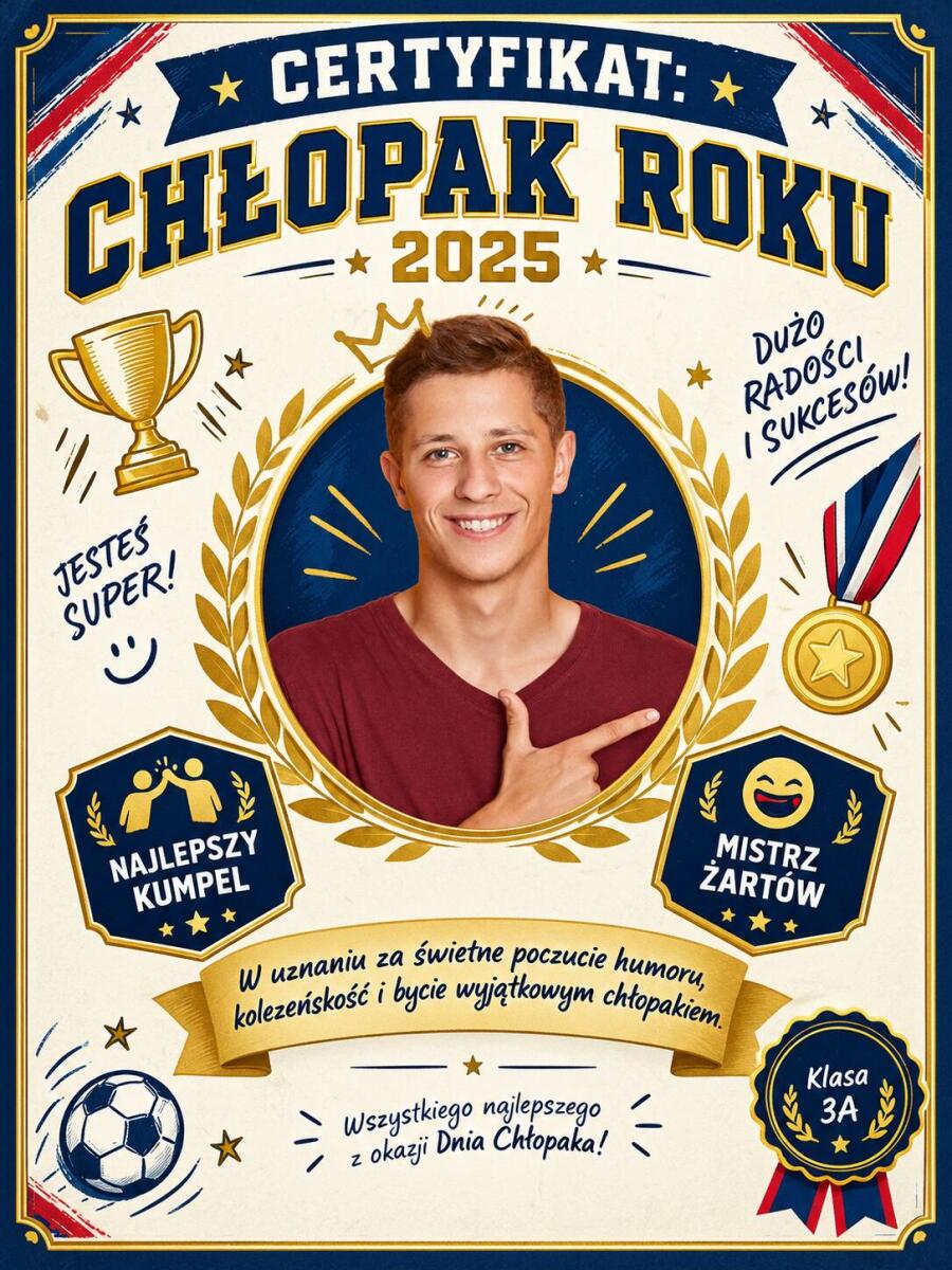 Prezent na Dzień Chłopaka od Klasy – Plakat ze Zdjęcia Certyfikat Chłopaka Roku 82535 - zdjęcie 2