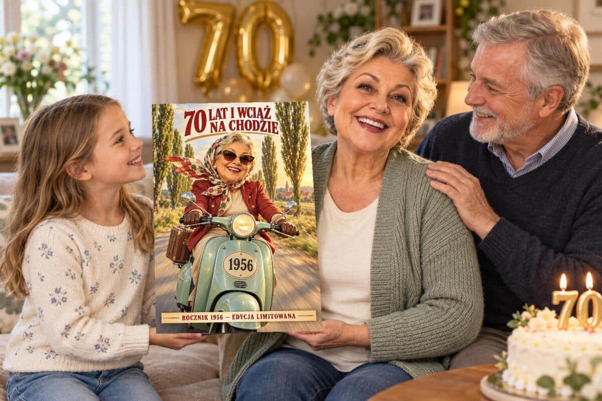 Prezent na 70 Urodziny dla Kobiety – Obraz na Płótnie ze Zdjęcia „70 Lat i Wciąż na Chodzie” | Jubilatka na Skuterze Retro 83127 - zdjęcie 5