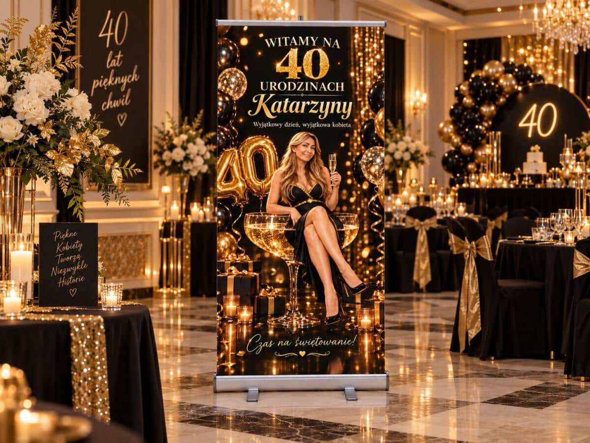 Tablica powitalna na 40 urodziny ze zdjęciem Gotowa Ścianka na czterdziestkę Roll-up 100×200 cm 39064 - zdjęcie 2