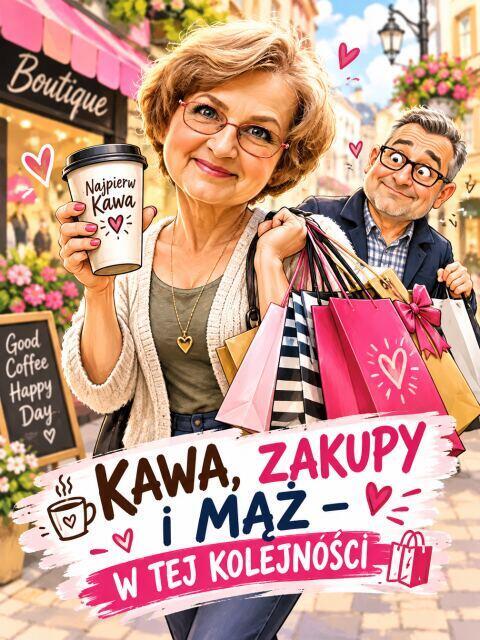 Upominek  dla Żony od Męża – Śmieszna Karykatura ze Zdjęcia -Kawa, Zakupy i Mąż – w Tej Kolejności 82568 - zdjęcie 2
