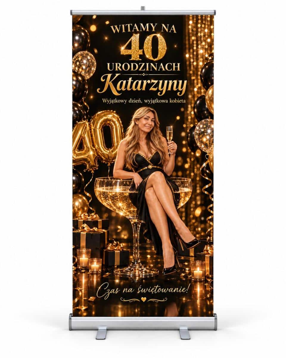 Tablica powitalna na 40 urodziny ze zdjęciem Gotowa Ścianka na czterdziestkę Roll-up 100×200 cm 39064