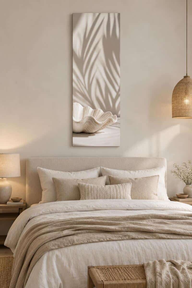 Obraz na płótnie z muszlą i liśćmi | Beżowa Dekoracja do sypialni w stylu coastal i modern organic 96018 - zdjęcie 7