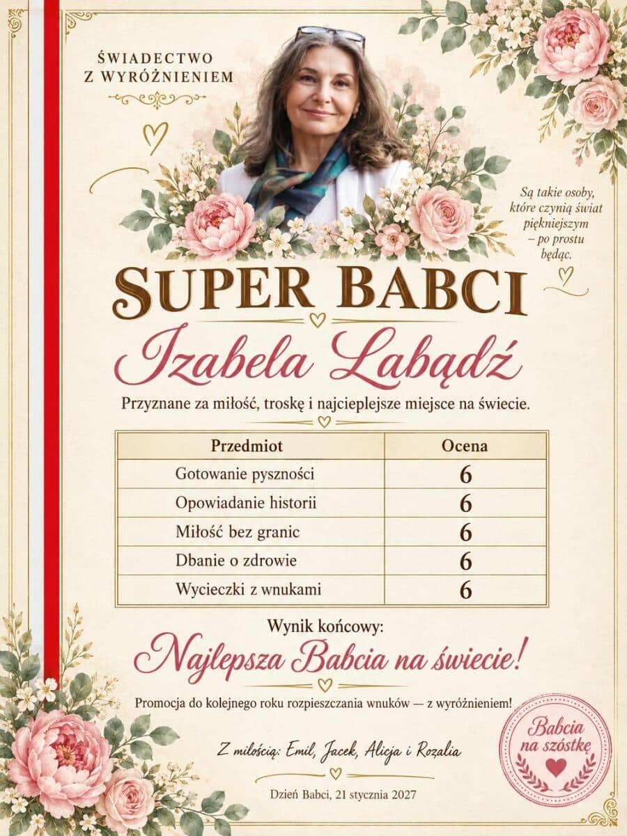 Dyplom dla babci na Dzień Babci - Świadectwo Super babci z czerwonym paskiem 31619 - zdjęcie 2