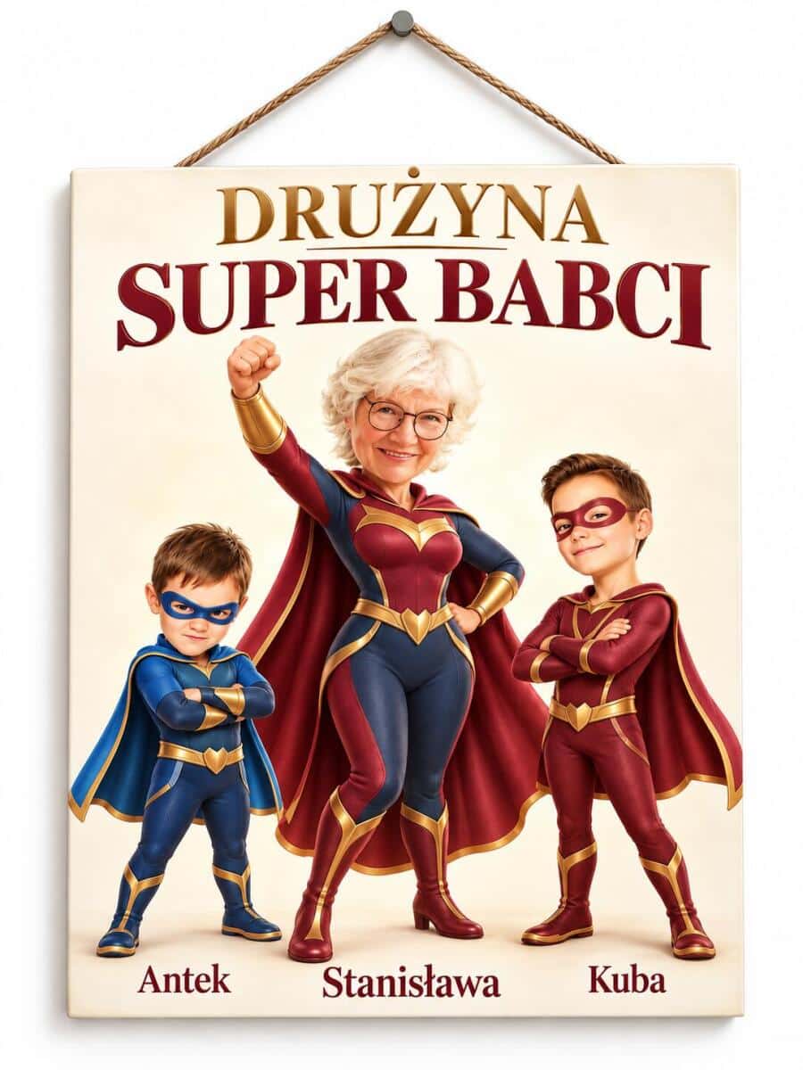 Tabliczka dla Babci od Wnuków ze Zdjęciem – Drużyna Super Babci, Karykatura z Wnukami 31572