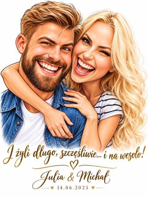 Prezent dla Pary Młodej na Ślub – Zabawna Karykatura ze Zdjęcia – Romantyczny Obraz z Imionami 82637 - zdjęcie 2