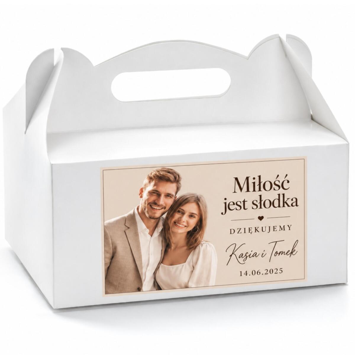 Naklejki na ciasto weselne, Słodkie podziękowania dla gości- zdjęcie, imiona i data 54 szt. 6 × 9 cm 39071