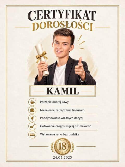 Śmieszny prezent na 18 urodziny – plakat karykatura ze zdjęcia „Certyfikat dorosłości” 31552 - zdjęcie 2