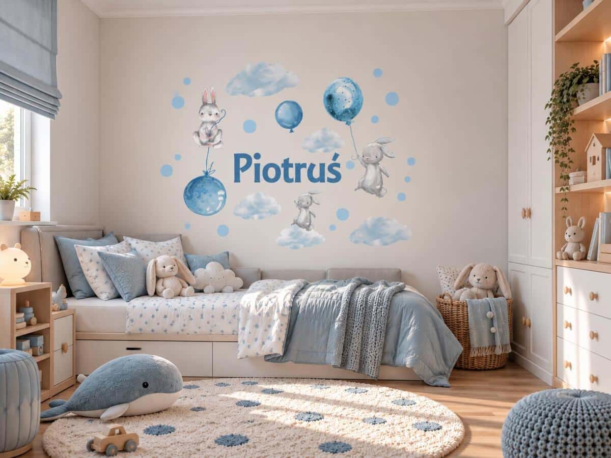 Naklejka z imieniem dla dziecka  króliczki balony 63504