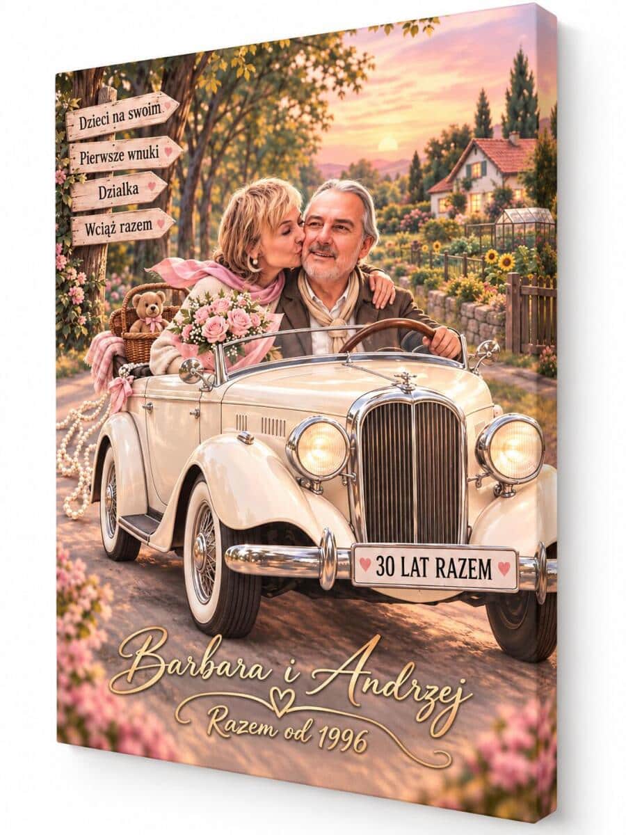 Obraz na 30 Rocznicę Ślubu Rodziców – Karykatura ze Zdjęcia | Prezent od Dzieci – Perłowe Gody w Aucie Retro 82610