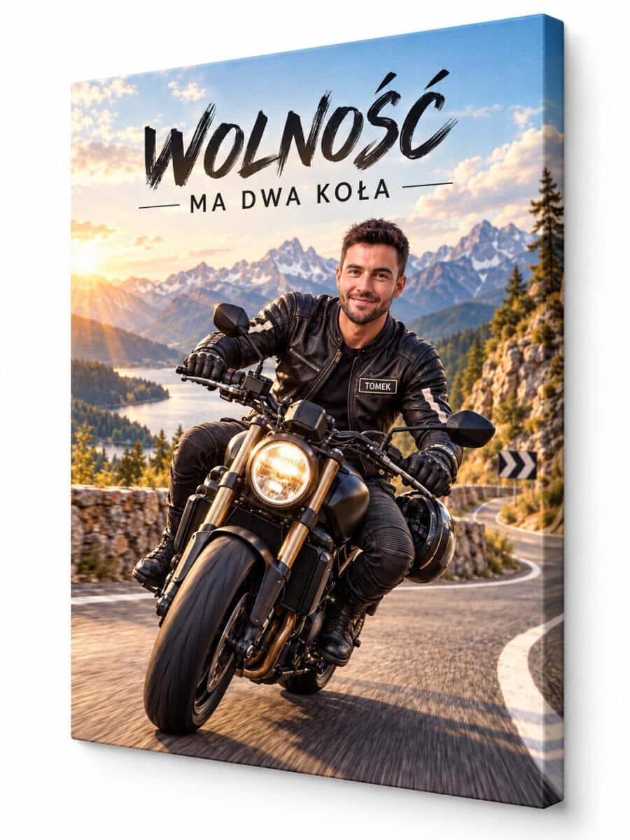Prezent dla motocyklisty ze zdjęcia – karykatura na motocyklu w trasie 31556