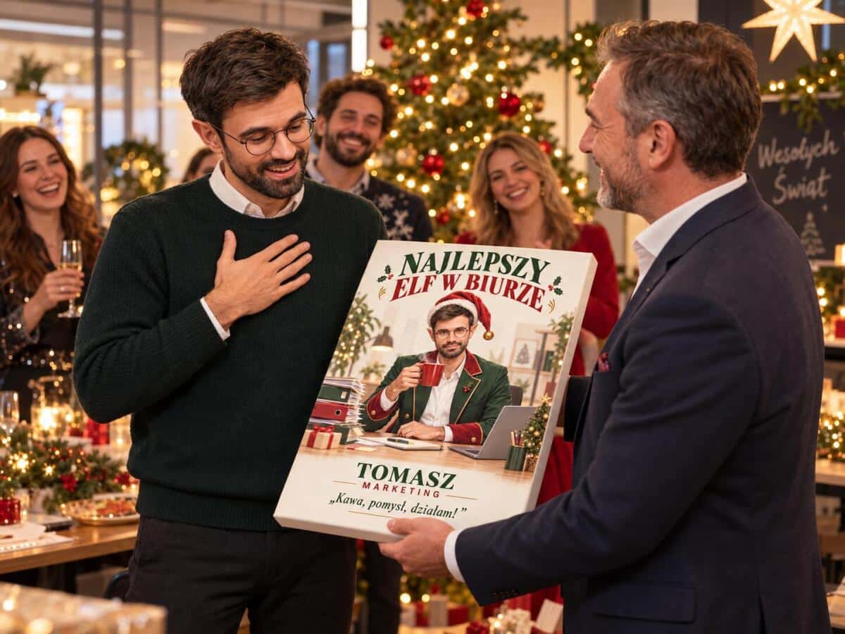 Śmieszny prezent na Mikołajki dla kolegi z pracy – plakat karykatura ze zdjęcia „Najlepszy elf w biurze”  31548 - zdjęcie 4