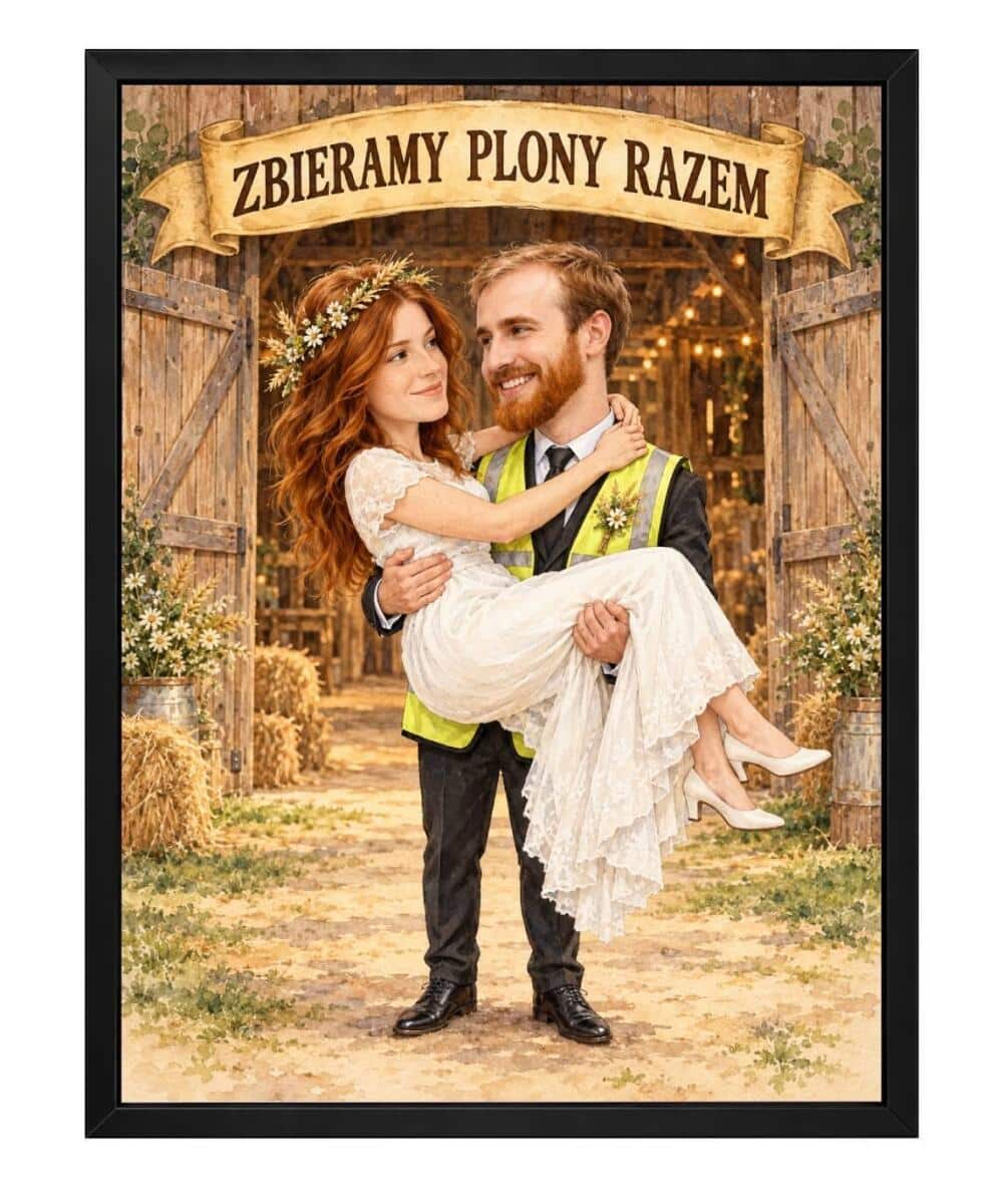 Prezent dla Nowożeńców – Plakat z Karykaturą ze Zdjęcia Zbieramy Plony Razem - 31654