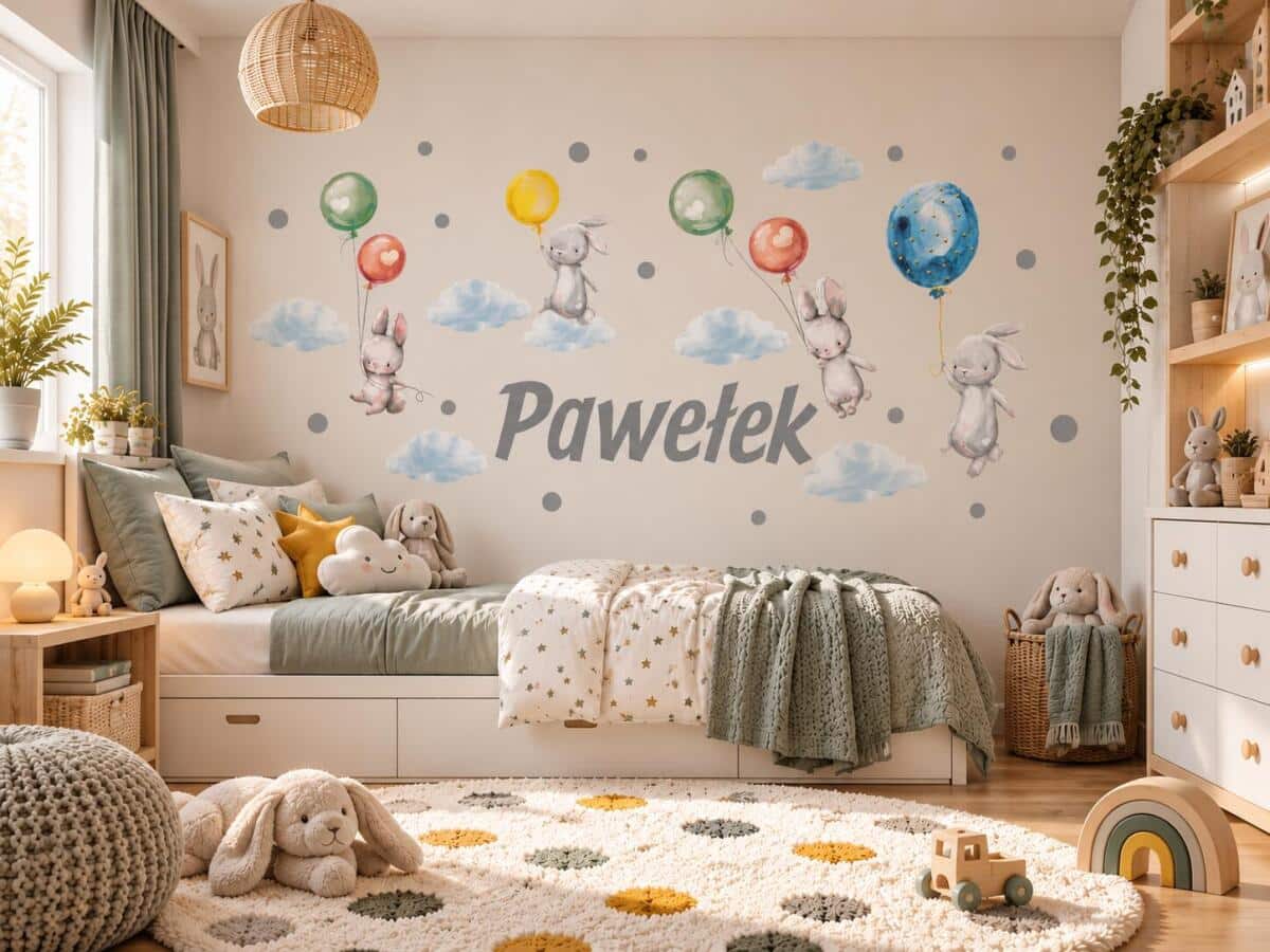 Naklejka z imieniem dla dziecka  króliczki balony 63505
